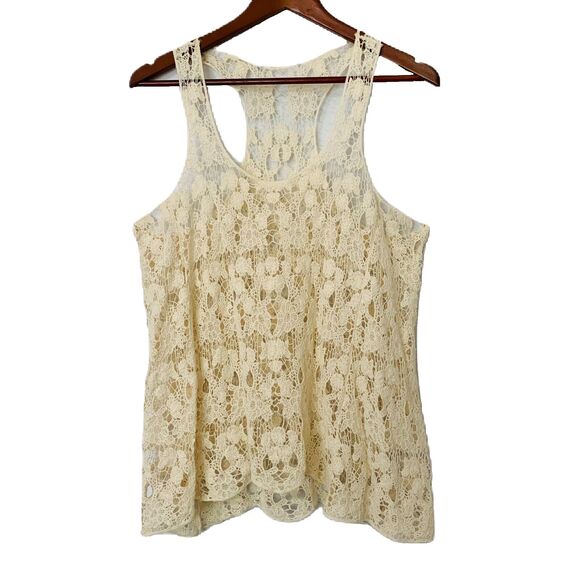 Blouse Woman Large Ivory Crochet Scallop Edge Sheer Razorback Sleeveless Cottage - Picture 1 of 7
